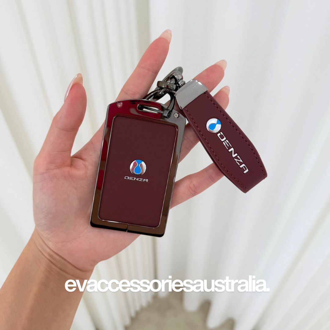Denza Premium NFC Card Protector and Key Chain in Alloy and Red Leather