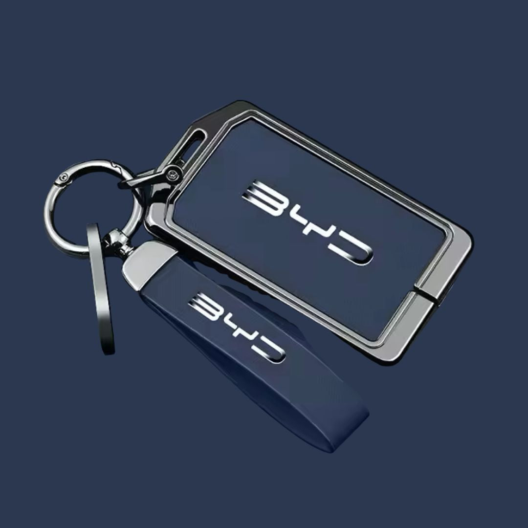 BYD Premium NFC Card Protector and Key Chain in Alloy and Navy Blue Leather