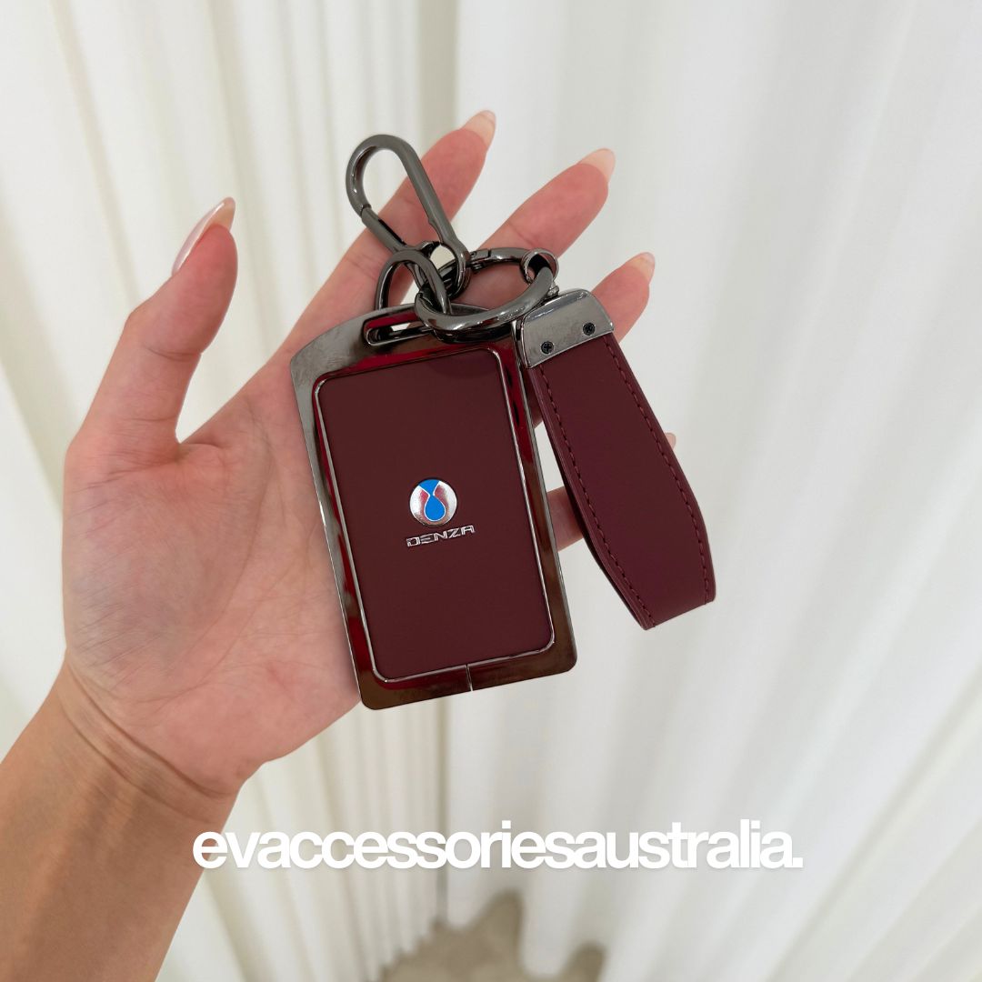 Denza Premium NFC Card Protector and Key Chain in Alloy and Red Leather