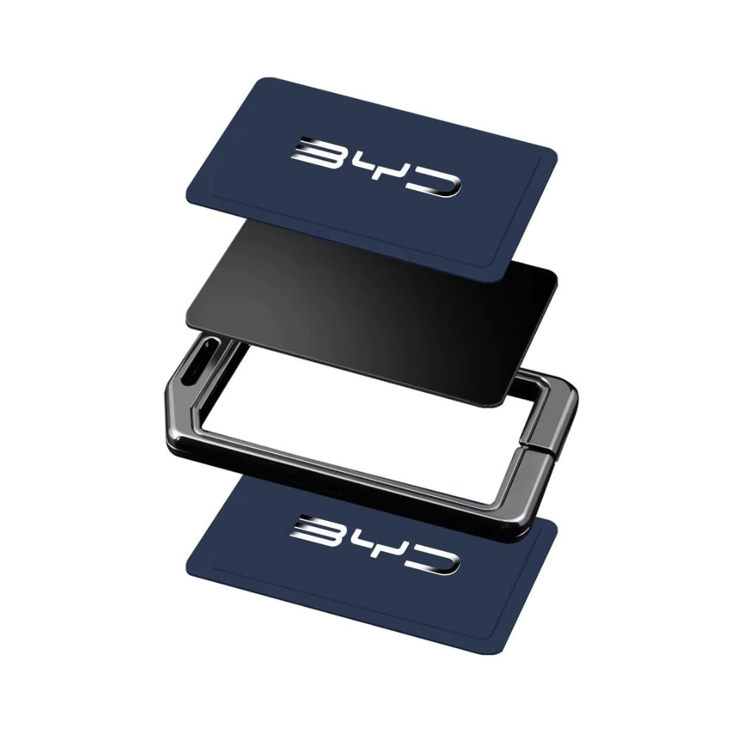 BYD Premium NFC Card Protector and Key Chain in Alloy and Navy Blue Leather