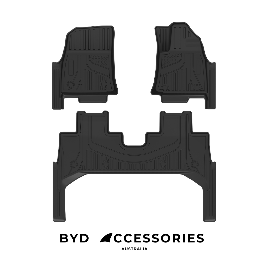 Set of black car floor mats with BYD Accessories Australia branding on a white background