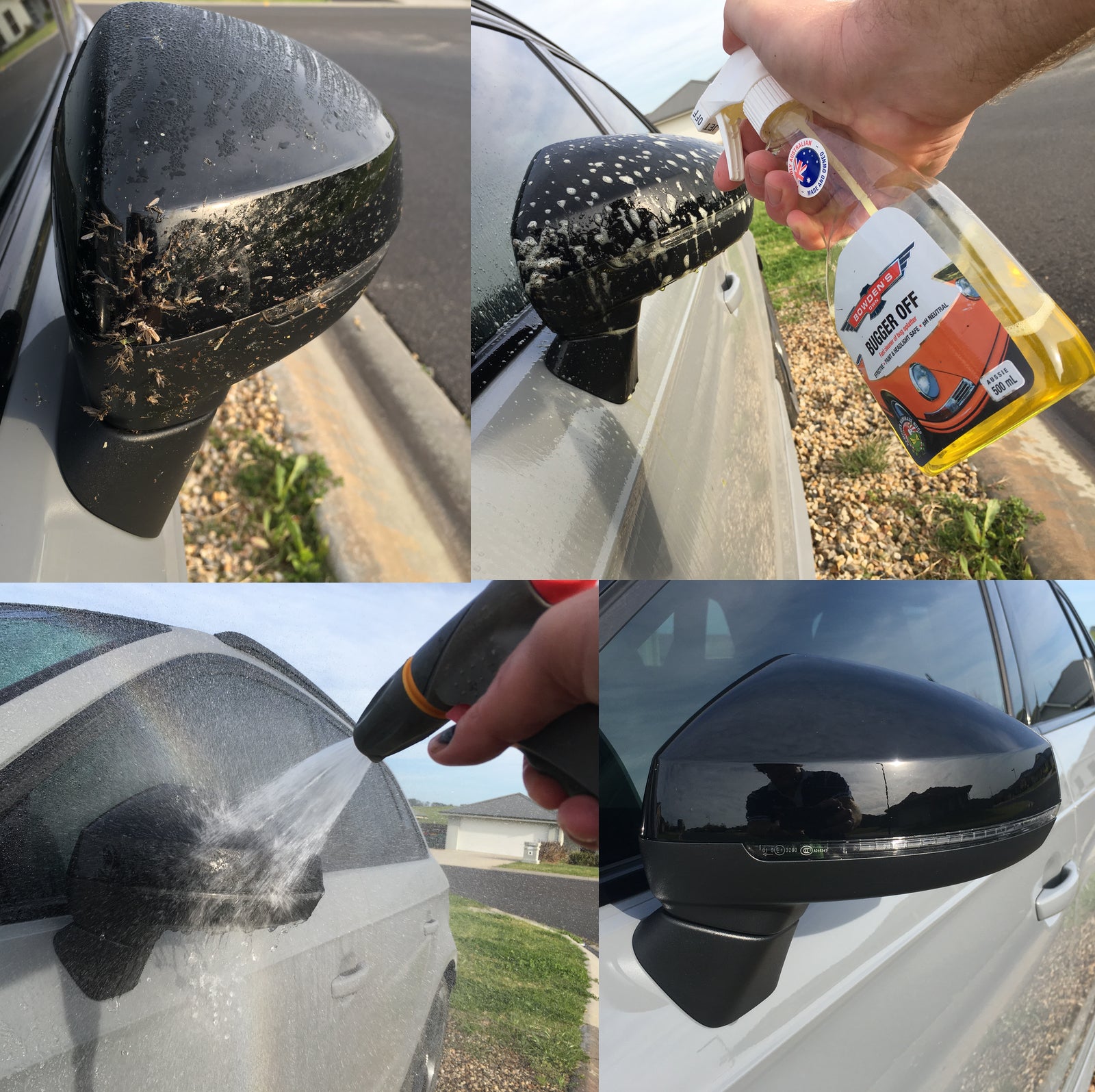 Before-and-after transformation of a car mirror using a cleaning product.