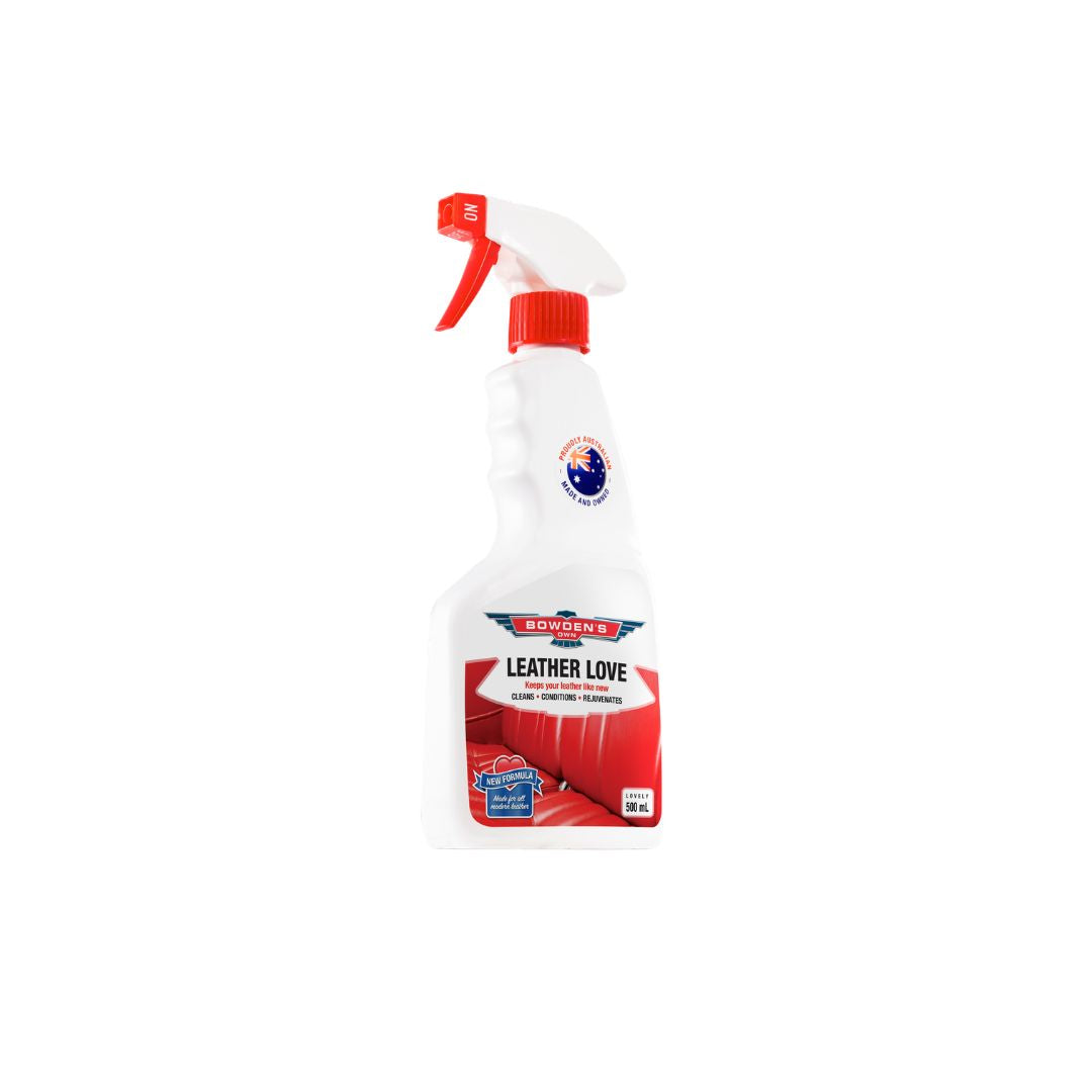 Spray bottle labeled 'Leather Love' on a white background