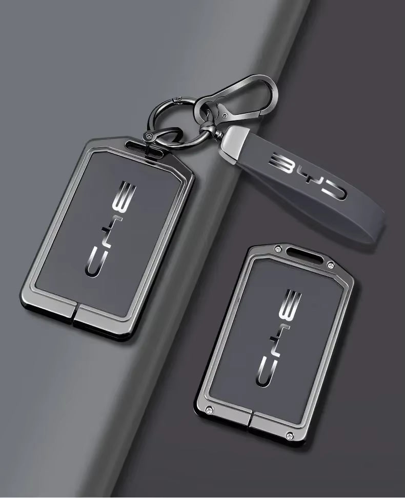 BYD Premium NFC Card Protector and Key Chain in Alloy and Grey Leather