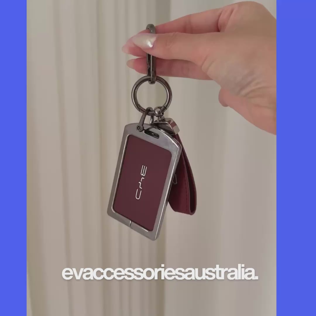 BYD Premium NFC Card Protector and Key Chain in Alloy and Red Leather